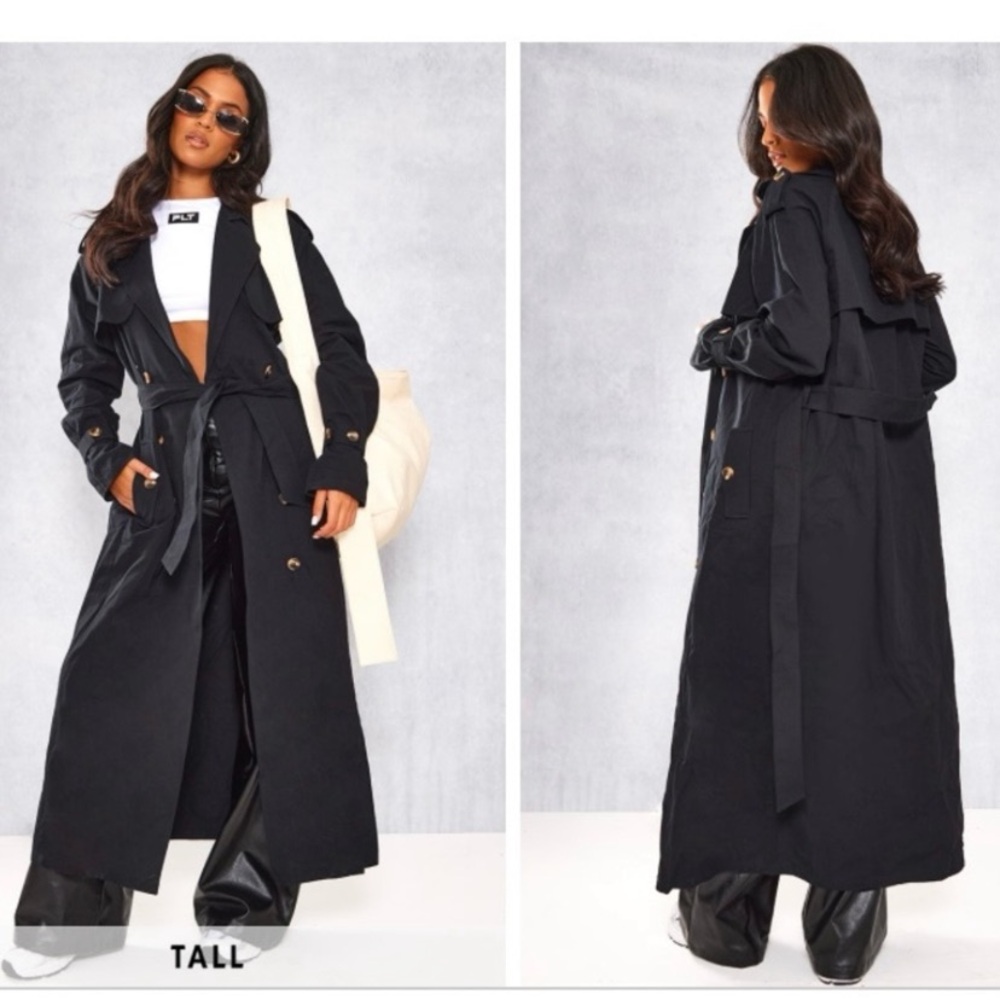 NWT Pretty Little Thing Tall Black Belted cotton Trench Coat Sz 10